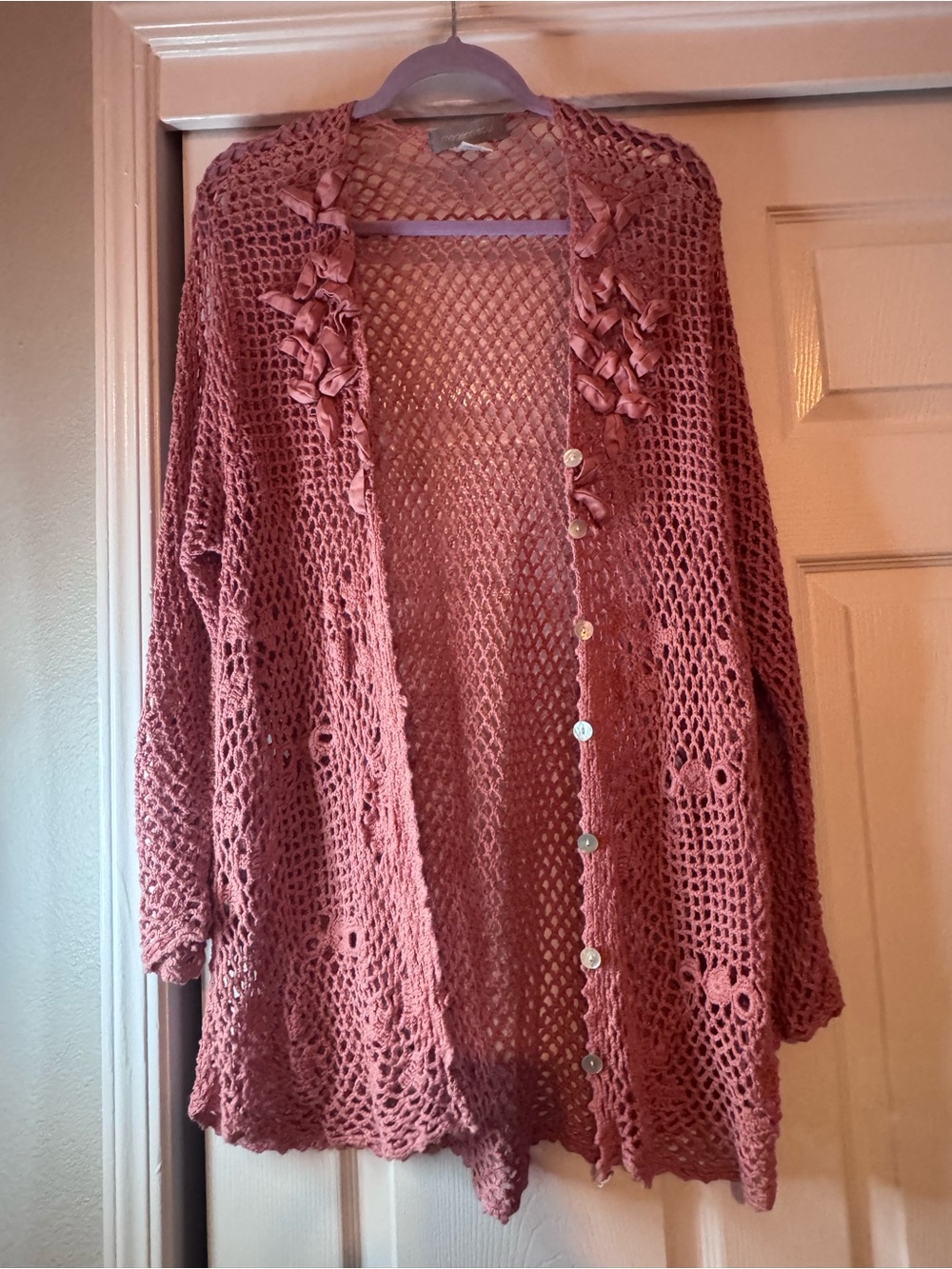 Modern Soul Dusty Rose Open-Weave Crochet Button Cardigan